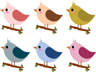Cute pink green blue red Bird cartoon on tree branch