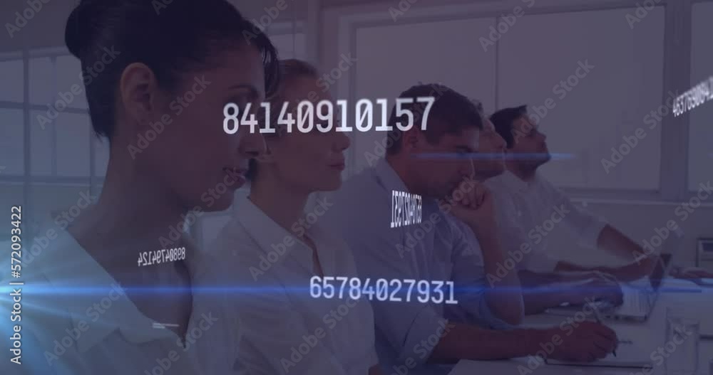 Poster animation of data processing over diverse business people working in office