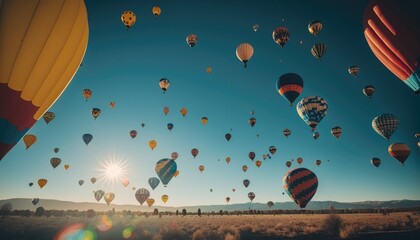 Landscape sunrise with set colorful hot air balloon fly in sky with sunlight. Generative AI