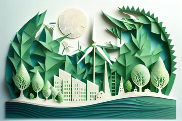 Green leaf image in the paper art style with trees, city building silhouettes, windmills, and solar panels. the preservation of ecology. a green energy idea. Generative AI