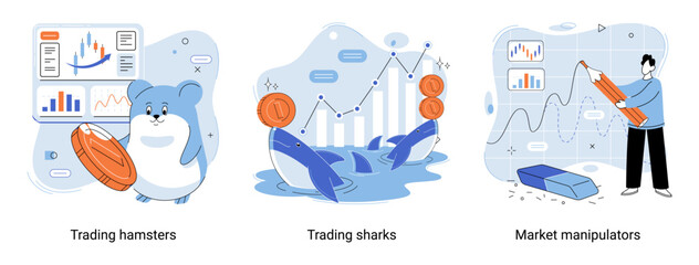 Shark emerges from water and holds gold coins on its nose. Trading hamsters and whale metaphor set. Fake data for business valuation. Inexperienced investor, bad investment, experienced traders