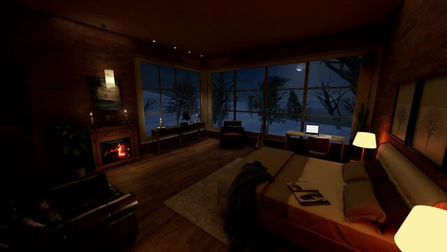 Interior Of A Bedroom Inside A Chalet Cabin In The Middle Of A Snowy Landscape During Winter Night, No People Computer Generated Animation