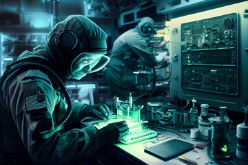 scientists conduct experiments in a high-tech military government research laboratory. Generative AI
