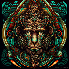Celtic art of east totem and west style in psychedelic. Fit for apparel, book cover, poster, print. Monkey illustration.