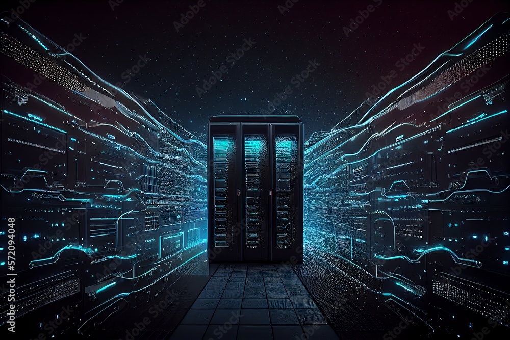 Poster the bright lights of data storage systems contrast against the dark background of the server room. g
