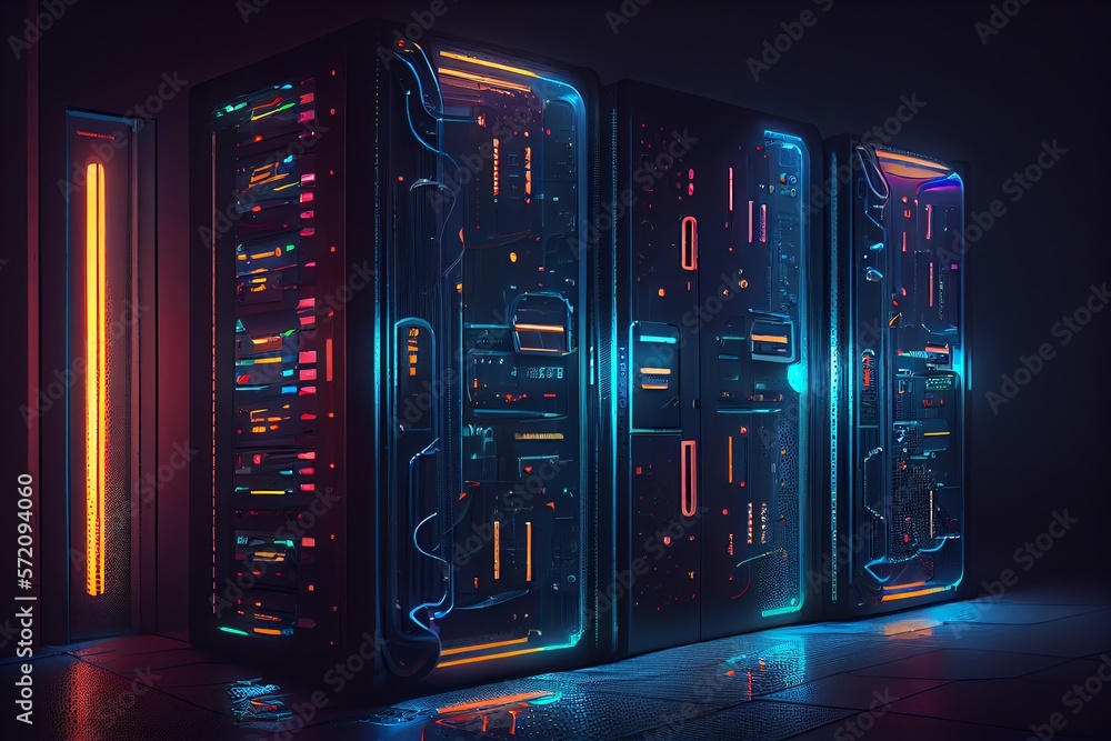 Poster the bright lights of data storage systems contrast against the dark background of the server room. g
