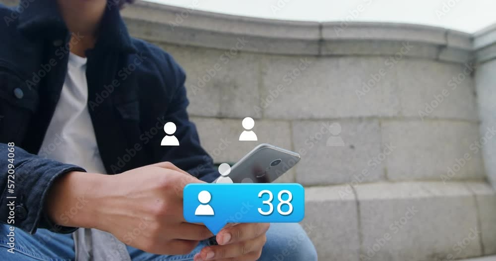 Poster animation of profile icon with increasing numbers over mid section of biracial man using smartphone