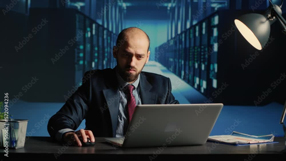 Poster data center technician feeling tired working in server room, doing cloud computing digitalization fo
