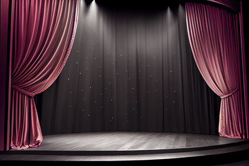 Generative AI: Magic theater stage red curtains Show Spotlight