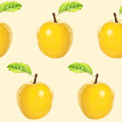 Illustration realism seamless pattern fruit apple yellow color on a light yellow background. High quality illustration