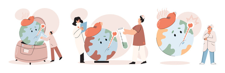 Global warming. High temperature and hot weather Earth. Climate change concept. Hot melt planet earth. Global warming heating impact. Tiny people. Raising global temperature. People energy use planet