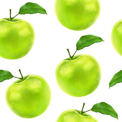 Illustration realism seamless pattern fruit apple green color on a white isolated background. High quality illustration