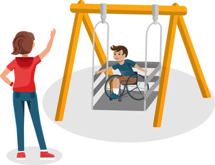 Boy in a wheelchair enjoying the swing at the playground with his young mom. Adaptive swing. Vector illustration of people with disabilities.