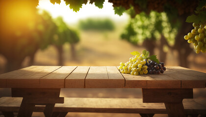 fresh grapes fruits bunch on wooden table with vineyard field on morning sunshine background with copyspace area - obrazy, fototapety, plakaty