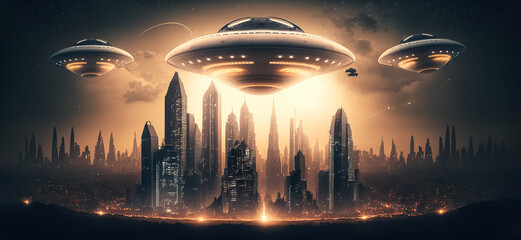UFO Armada over downtown. giant alien spaceships over the city. UFO invasion over the city of the planet Earth. Extraterrestrial civilizations, Extraterrestrial Intelligence. digital ai art. - obrazy, fototapety, plakaty