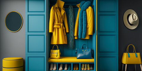 Modern wardrobe with stylish yellow blue female clothes and accessories. Rack with female clothes. digital ai art