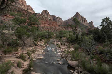 Virgin River flowing over rocks below the Watchmen Rocks