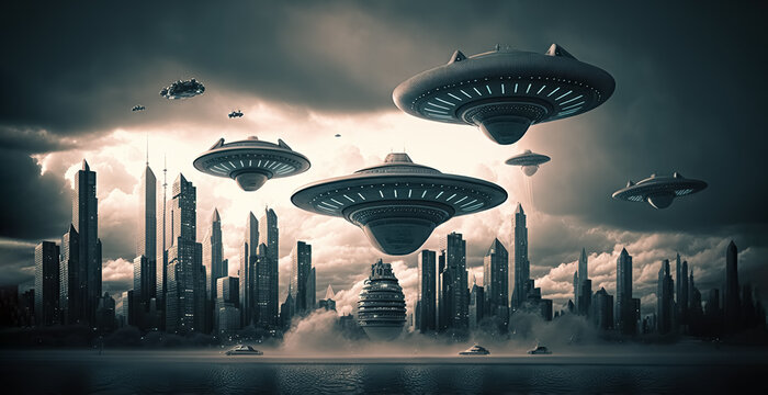 UFO Armada over downtown. giant alien spaceships over the city. UFO invasion over the city of the planet Earth. Extraterrestrial civilizations, Extraterrestrial Intelligence. digital ai art.