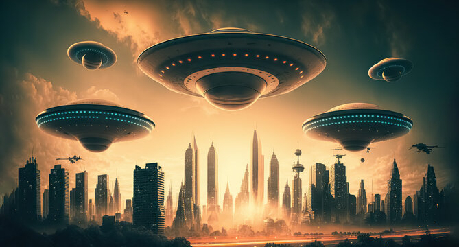 UFO Armada over downtown. giant alien spaceships over the city. UFO invasion over the city of the planet Earth. Extraterrestrial civilizations, Extraterrestrial Intelligence. digital ai art.