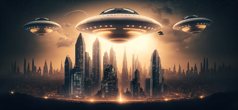 UFO Armada over downtown. giant alien spaceships over the city. UFO invasion over the city of the planet Earth. Extraterrestrial civilizations, Extraterrestrial Intelligence. digital ai art.