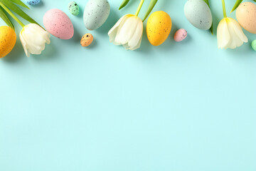 Happy Easter concept. Frame top border made of tulips spring flowers and colorful Easter eggs on...