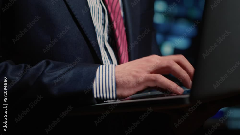 Poster data center it administrator inspecting data on laptop, ai digitalization. network engineer doing sy