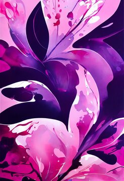Abstract magenta and purple flower bouquet with paint splashes on multicolor background. Decorative liquid watercolor painting, bright colors. AI generated vertical floral poster.