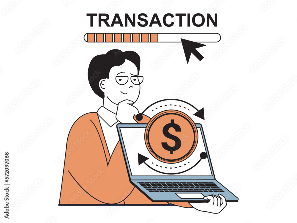 Poster finance concept with character situation. man makes online transaction, pays bills and taxes, orderi