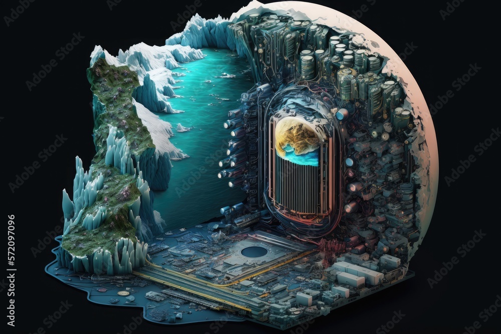 Poster blend between computer motherboard, chip and planet. nature and technology. abstract view, isometric