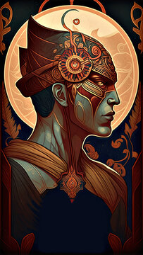 The Egyptian God, Amun &ndash; God of The Air. AI generative illustration in art nuveau style.
