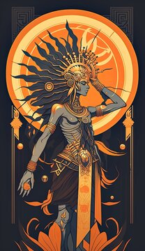 Aton, Egyptian god of War. AI generative illustration, poster in art nuveau style.