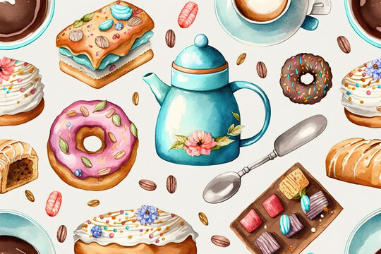 Seamless watercolor cozy pattern with sweets. Donuts, wafers, jam, toaster, kettle, pie, coffee, digital painting, concept art.