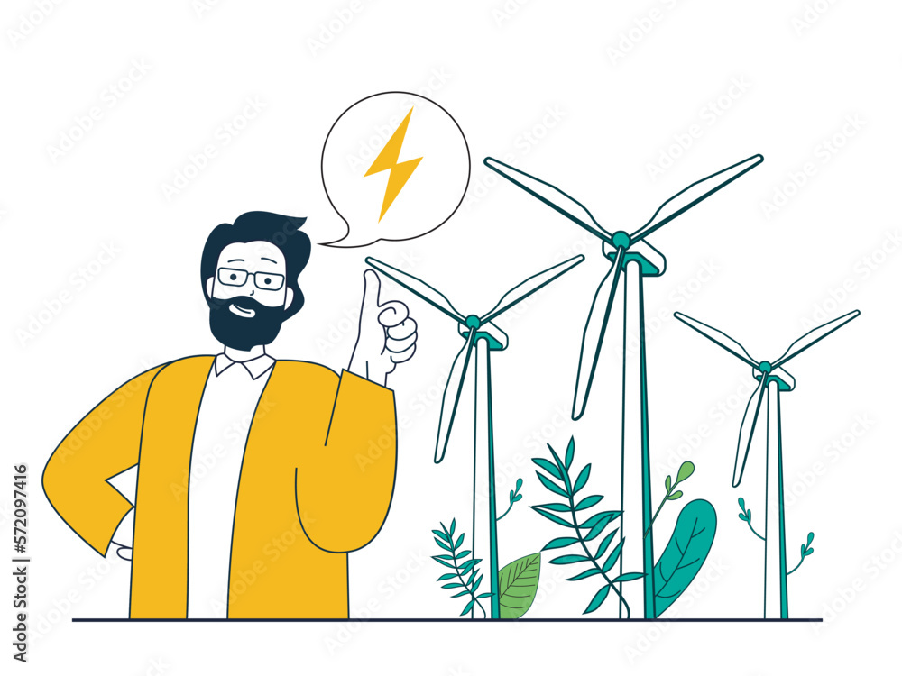 Leinwandbilder green energy concept with character situation. man uses wind turbines to generate electricity, alter