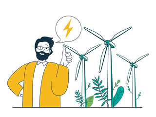 Green energy concept with character situation. Man uses wind turbines to generate electricity, alternative and ecological energy sources. Vector illustration with people scene in flat design for web