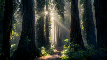 Sunlight through redwood trees on a path in the redwood forest - obrazy, fototapety, plakaty