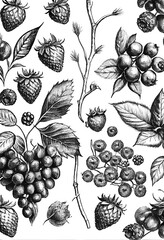 Forest berries pencil sketch abstract background. Artistic drawn bright strawberry and blueberry painting. AI generated creative decorative berries black and white doodle vertical poster.