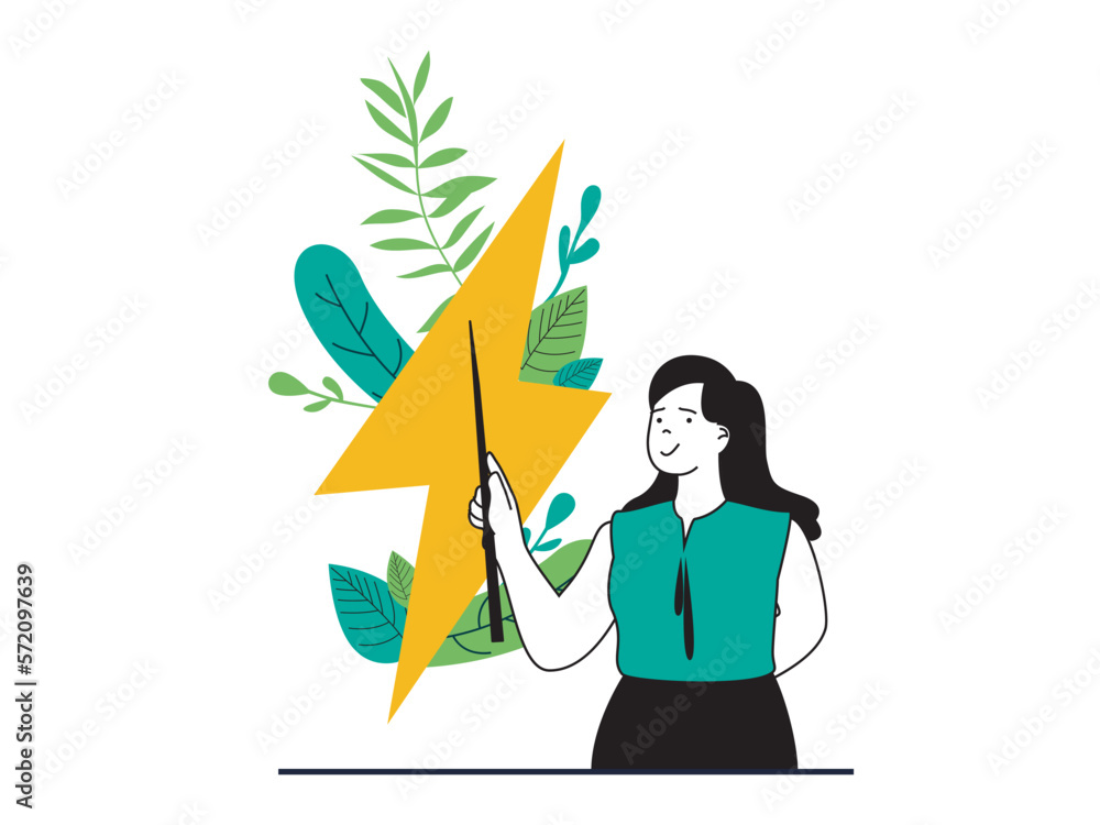 Aufkleber green energy concept with character situation. woman uses alternative and renewable energy sources, 