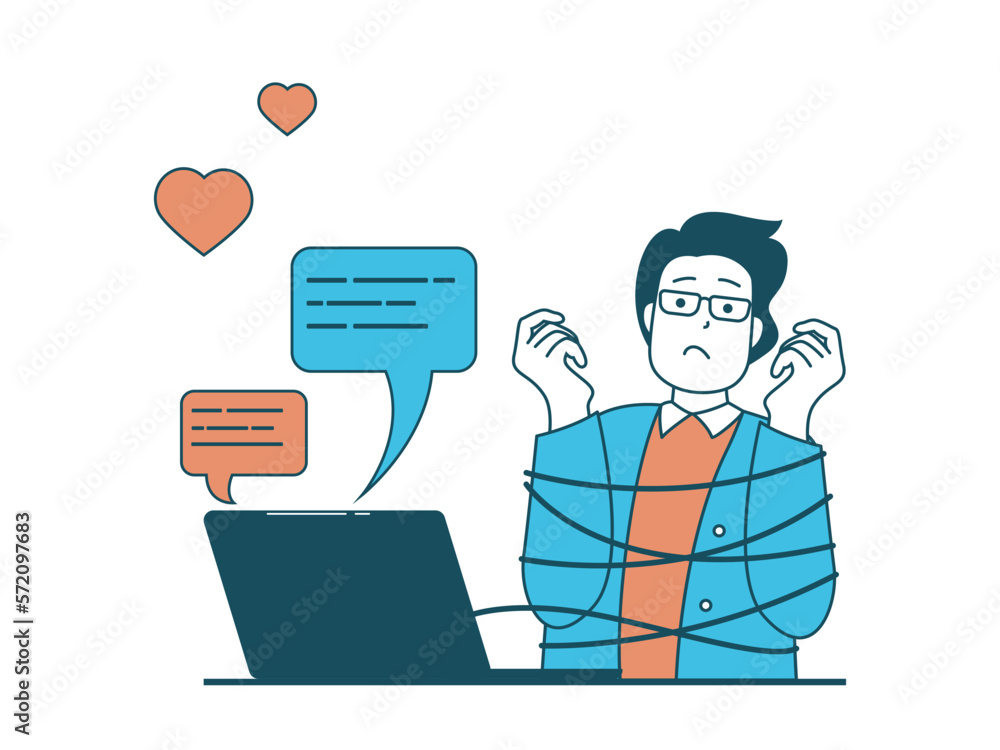 Aufkleber internet addiction concept with character situation. man has unhealthy addiction to online chatting 