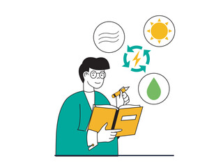 Green energy concept with character situation. Man developing ecological system technology using renewable sources of wind, sun and water.Vector illustration with people scene in flat design for web