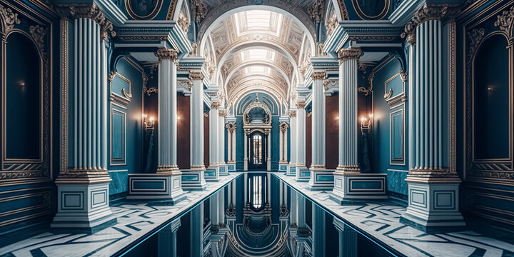 A realistic fantasy blue interior of the royal palace. golden blue palace. castle interior. Fiction Backdrop. concept art. digital ai art	