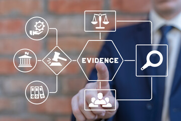 Detective using virtual touchscreen presses word: EVIDENCE. Concept of Evidence Law Justice Court Business. Detective work, crime investigation. - obrazy, fototapety, plakaty