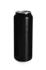 Black aluminum can with water drops isolated on white. Mockup for design