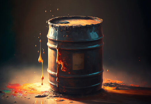 Oil barrel illustration. Barrel with polluting chemicals or fuels. Barrel of petroleum. Pollution concept. Conceptual dark image. Environmentally polluting products. Oil spill.  Generative ai.