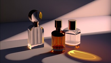 Collection of transparent multi color glass perfume bottles on a light background. Art composition still life. Stylish parfumerie banner. Generative AI.