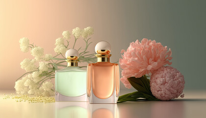 Tender stylish perfume composition, bottle of perfume and flowers, pinkish illustration. Generative Ai - 572099647