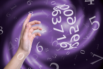 Numerology. Woman reaching for circle of numbers against abstract background, closeup