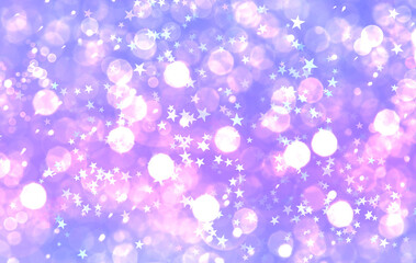 Many beautiful shimmering stars and blurred lights on violet background. Bokeh effect