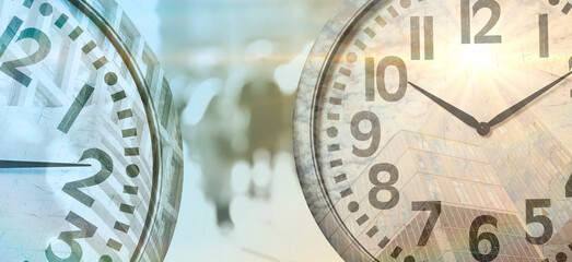 Time related concepts. Multiple exposure of clocks, office buildings and people. Banner design