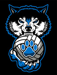 wolf mascot biting volleyball for school, college or league sports
