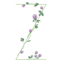 Capital letter Z with floral motifs. Decorative font with blooming branches of red clover flower. Isolated vector illustration.